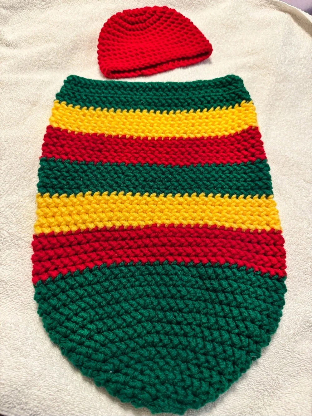 Handmade Infant Crochet Swaddle Hat - Red, Yellow, Green
